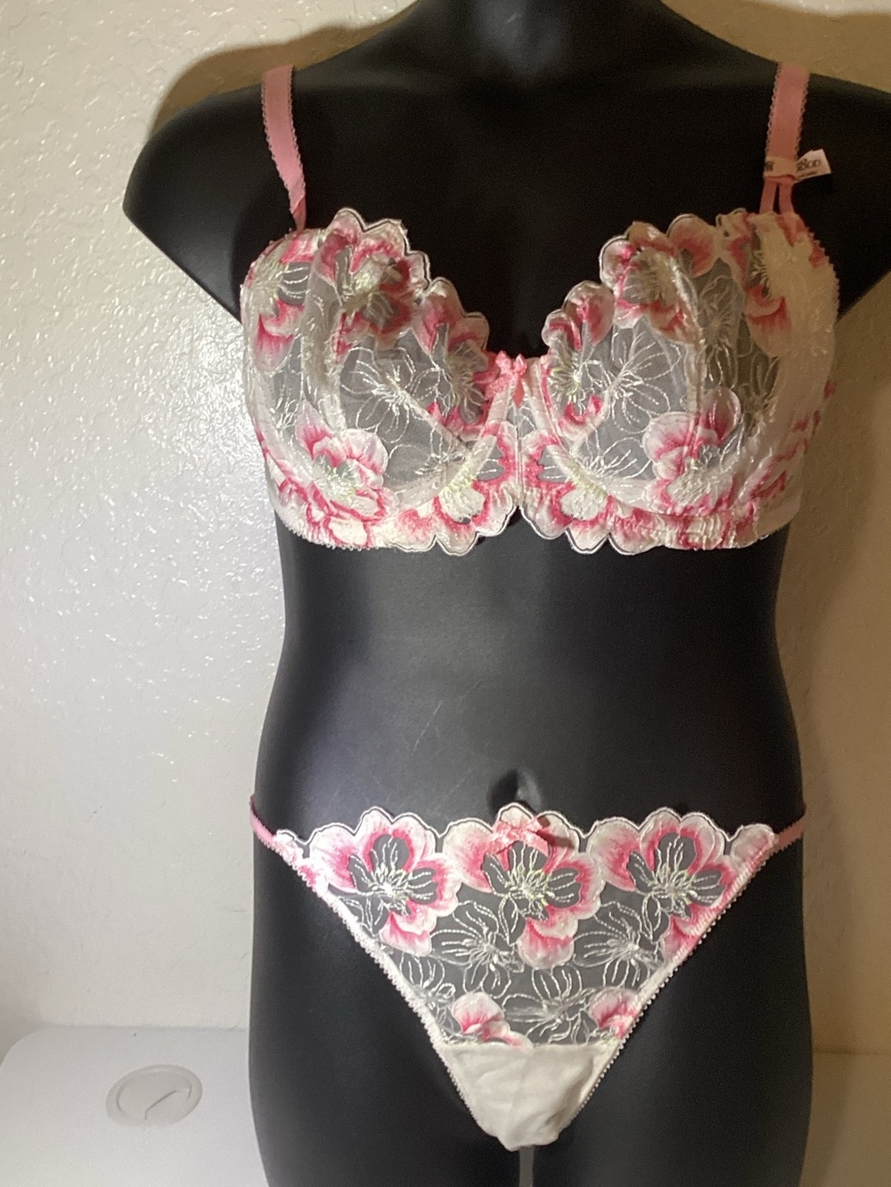 Victoria's Secret Pink and Cream Floral Embroidered Lace Bra & Thong